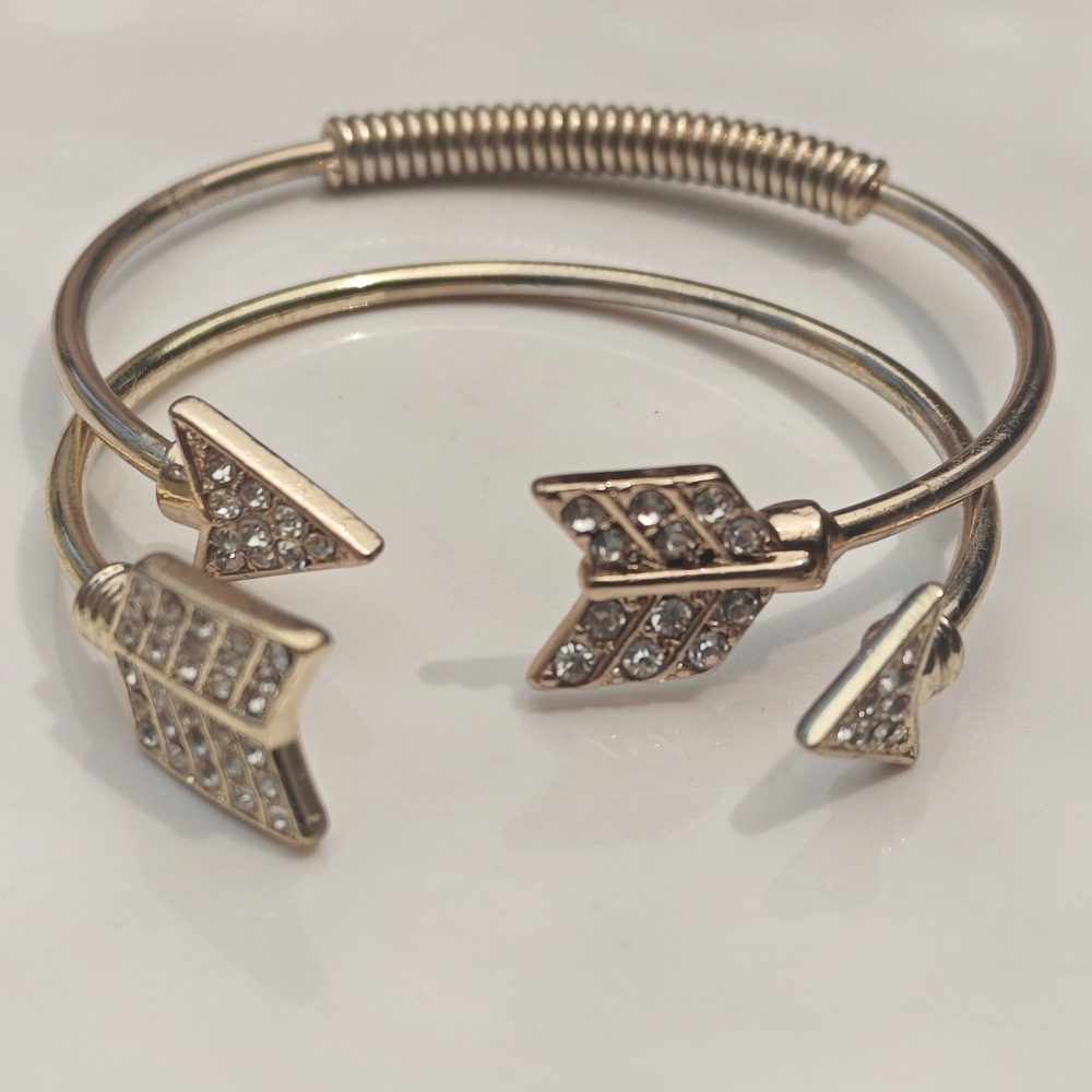 Gold Tone Rhinestone Arrow Bypass Cuff Bracelet Set 2pc Boho Stacking Jewelry